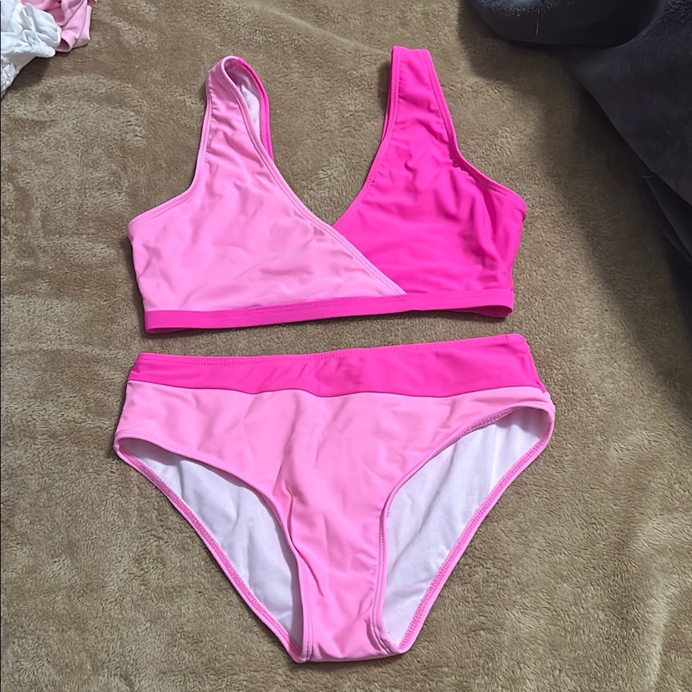 ROMWE pink color block bikini
